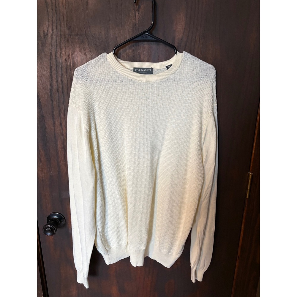Lyle & Scott Mens Textured Chevron Knit Crewneck Sweater Cream Cotton Size M